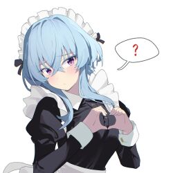1girl ? alternate_costume blue_hair blush breasts closed_mouth colored_eyelashes commentary enmaided hair_ornament hashtag-only_commentary heart heart_hands highres large_breasts long_hair long_sleeves maid maid_headdress men_zhong_mu purple_eyes shorekeeper_(wuthering_waves) short_hair simple_background solo spoken_question_mark upper_body white_background wuthering_waves