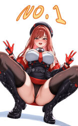 1girl 4ddd absurdres ammunition_belt ammunition_pouch belt beret black_belt black_boots black_choker black_gloves black_hat black_jacket black_panties black_skirt black_thighhighs blush boots breasts cameltoe choker commentary detached_collar double_v framed_breasts full_body gloves goddess_of_victory:_nikke hair_intakes hat high-waist_skirt highres jacket knee_boots large_breasts leather leather_boots long_hair looking_at_viewer m_legs miniskirt necktie nervous_smile off_shoulder open_clothes open_jacket open_mouth padded_jacket panties partially_visible_vulva pouch rapi_(nikke) rapi_(red_hood)_(nikke) red_eyes red_gloves red_hair red_jacket red_necktie red_skirt shirt simple_background skirt smile solo spread_legs squatting swept_bangs thighhighs thighhighs_under_boots tiptoes two-sided_fabric two-sided_gloves two-sided_jacket two-sided_skirt two-tone_gloves two-tone_skirt underbust underwear v white_background white_shirt wing_collar