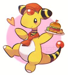 ampharos artist_name blush blush_stickers burger closed_mouth clothed_pokemon commentary_request food full_body gen_2_pokemon hat heart holding holding_plate neckerchief nintendo no_humans plate pokemon pokemon_cafe_remix red_hat red_neckerchief smile solo standing standing_on_one_leg tansho