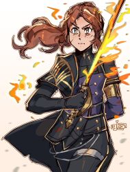 1girl absurdres black_gloves clair_obscur:_expedition_33 closed_mouth fingerless_gloves fire freckles gloves graysheartart highres holding holding_sword holding_weapon long_hair looking_at_viewer maelle_(clair_obscur:_expedition_33) ponytail rapier red_hair solo sword upper_body weapon