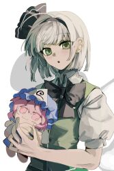 1girl :3 :o black_bow black_bowtie black_hairband blunt_ends blush_stickers bow bow_hairband bowtie character_doll collared_shirt fumo_(doll) green_eyes green_vest hair_bow hairband hat highres holding holding_stuffed_toy konpaku_youmu konpaku_youmu_(ghost) light_blush looking_at_viewer mob_cap pink_eyes pink_hair puffy_short_sleeves puffy_sleeves saigyouji_yuyuko shirt short_hair short_sleeves simple_background solo stuffed_toy touhou triangular_headpiece upper_body vest white_background white_hair wing_collar xian_qishui