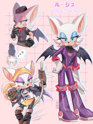 3girls animal_ears animal_nose bat_ears bat_girl bat_wings batten_rouge bodysuit commentary felichiii furry furry_female grid_background grin hat highres holding holding_sword holding_weapon multiple_girls multiple_persona official_alternate_costume pink_background pirate purple_bodysuit rebel_rouge rouge_the_bat rouge_the_bat_(prime) simple_background sleeping smile sonic_(series) sonic_prime sword upside-down weapon wings