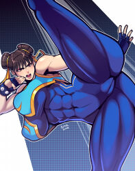1girl alternate_breast_size blue_bodysuit bodysuit breasts butter_sugoi cameltoe capcom chun-li covered_abs double_bun fighting_stance fingerless_gloves gloves hair_bun hair_ribbon high_kick highres impossible_bodysuit impossible_clothes kicking large_breasts ribbon solo street_fighter street_fighter_zero_(series) thick_thighs thighs toned toned_female