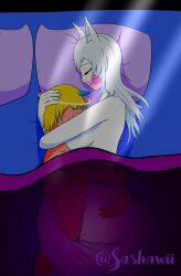 1boy 1girl animal_ears arctic_fox bed between_breasts breast_smother breasts colored_skin couple cuddling face_between_breasts face_to_breasts fox_ears fox_girl fox_tail head_between_breasts highres hug non-web_source on_bed original shared_blanket sleeping smile tail under_covers white_skin