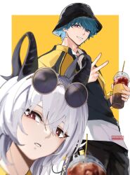 Rule 34 | 1boy, 1girl, absurdres, ayoungart, black hat, black horns, blue hair, border, brant (wuthering waves), bright pupils, commentary, compose coffee, cup, curled horns, disposable cup, english commentary, eyewear on head, grey hair, hat, highres, holding, holding cup, horns, long hair, looking at viewer, official alternate costume, parted lips, purple eyes, red eyes, round eyewear, smile, sunglasses, v, white border, white pupils, wuthering waves, yellow background, zani (wuthering waves)