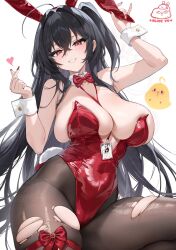 1girl ahoge alice_vu animal_ear_hairband animal_ears arm_up artist_logo artist_name azur_lane black_pantyhose blush bow bowtie breasts cleavage commentary crossed_bangs detached_collar fake_animal_ears fake_tail finger_heart fingernails greyscale hair_between_eyes hair_intakes hairband hand_up highres huge_breasts lanyard leotard logo long_hair looking_at_viewer manjuu_(azur_lane) monochrome nail_polish one_side_up pantyhose playboy_bunny rabbit_ear_hairband rabbit_ears rabbit_tail red_bow red_bowtie red_eyes red_leotard red_nails sagging_breasts simple_background skindentation smile strapless strapless_leotard symbol-only_commentary taihou_(azur_lane) taihou_(fun_on_the_baize)_(azur_lane) tail thigh_bow torn_clothes torn_pantyhose very_long_hair white_background white_wrist_cuffs wrist_cuffs