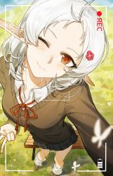 Rule 34 | 1girl, absurdres, ahoge, bare legs, battery indicator, black skirt, blue sky, blush, brown shoes, brown sweater, chinese commentary, cloud, collared shirt, commentary, dated, fisheye, forehead, from above, full body, highres, leg warmers, looking at viewer, meadow, medium hair, miniskirt, mushoku tensei, neck ribbon, one eye closed, outdoors, parted bangs, pleated skirt, pointy ears, recording, red eyes, red ribbon, ribbon, selfie, shirt, shoes, signature, skirt, sky, smile, solo, standing, sweater, sylphiette (mushoku tensei), timestamp, user interface, v, white hair, white leg warmers, white shirt, yisjhui