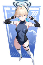 absurdres black_gloves blonde_hair blue_archive blue_eyes blue_hair blue_leotard blue_ribbon breasts bun_cover chest_harness covered_navel earpiece fingerless_gloves full_body gloves hair_bun hair_ribbon harness headset heattech_leotard highleg highleg_leotard highres kurosaki_saya leotard looking_at_viewer maid_headdress multicolored_hair multicolored_leotard ribbon short_hair single_hair_bun sleeveless_turtleneck_leotard small_breasts streaked_hair toki_(blue_archive) turtleneck two-tone_leotard