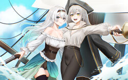 2girls :d absurdres alternate_costume anoreika_tomoe antique_firearm aqua_hair aqua_skirt bare_shoulders black_hairband black_pants black_thighhighs blue_sky breasts cleavage cloud commentary corset day firearm firefly_(honkai:_star_rail) firelock flintlock gradient_hair grey_hat gun hairband handgun hat highres holding holding_gun holding_weapon honkai:_star_rail honkai_(series) large_breasts long_sleeves looking_at_viewer multicolored_hair multiple_girls off-shoulder_shirt off_shoulder open_mouth outdoors pants pirate purple_eyes shirt skirt sky smile stelle_(honkai:_star_rail) thighhighs thighs trailblazer_(honkai:_star_rail) tricorne weapon white_hair white_shirt yellow_eyes