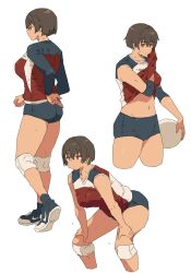 1girl buruma full_body gym_uniform highres kei_(m_k) m_k multiple_views original short_hair sportswear stomach sweat tall_female tomboy volleyball_uniform