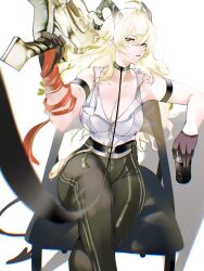 1girl absurdres arm_strap bare_shoulders black_choker black_gloves black_horns black_pants blonde_hair breasts can choker chromatic_aberration collarbone commentary crossed_legs curled_horns drink_can english_commentary feet_out_of_frame gloves greatsword highres holding holding_can holding_sword holding_weapon horns kaburagon large_breasts leash long_hair looking_at_viewer mole mole_on_breast necktie necktie_around_wrists on_chair pants red_eyes red_necktie shirt shirt_tucked_in sitting solo sword tight_clothes tight_pants torn_clothes torn_shirt viewer_holding_leash weapon white_background white_shirt wuthering_waves zani_(wuthering_waves)