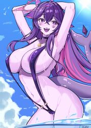 1girl absurdres areola_slip armpits arms_up blue_sky blush breasts cameltoe colored_inner_hair commentary commission coubalty cowboy_shot crossed_bangs day english_commentary facial_mark fins fish_tail hair_between_eyes halo heart heart_necklace highres indie_virtual_youtuber jewelry large_breasts large_variant_set long_hair looking_at_viewer mark_under_both_eyes megalodon_(vtuber) multicolored_hair navel necklace open_mouth outdoors pink_hair purple_eyes purple_hair purple_halo purple_skirt purple_slingshot_swimsuit shark_girl shark_tail sharp_teeth skirt sky slingshot_swimsuit smile solo standing stomach swimsuit tail teeth thighs twitter_username upper_teeth_only variant_set very_long_hair virtual_youtuber wading wet
