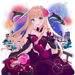 1girl black_gloves blonde_hair blunt_bangs braid breasts building cake cleavage dolphin dress elbow_gloves fireworks flower food gloves green_eyes hair_flower hair_ornament heart heart-shaped_cake heart-shaped_food lina_princella long_hair night off-shoulder_dress off_shoulder pink_flower pink_rose red_dress rose salt_(salty) sitting uchi_no_hime-sama_ga_ichiban_kawaii very_long_hair water