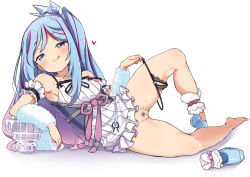 1girl armpits bare_shoulders barefoot black_panties blue_hair censored dress duel_monster feet female_focus female_pubic_hair frills full_body kounosu_satori loli long_hair looking_at_viewer lying multicolored_hair on_side panties panties_around_leg panty_pull pubic_hair purple_eyes pussy rilliona_(yu-gi-oh!) simple_background sleeveless smile solo streaked_hair sweat tongue tongue_out underwear very_long_hair white_dress witchcrafter_madame_verre yu-gi-oh!