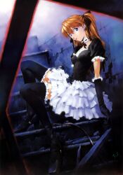 1girl absurdres against_wall alternate_costume black_gloves black_ribbon black_shoes blue_eyes breasts choker closed_mouth collarbone detached_collar dutch_angle elbow_gloves female_focus foreshortening frilled_skirt frilled_thigh_strap frilled_thighhighs frills gloves goth_fashion gothic_lolita hair_ribbon half_updo high_heels highres layered_skirt lolita_fashion long_hair looking_at_viewer maid miniskirt neon_genesis_evangelion orange_hair red_hair red_lips ribbon sadamoto_yoshiyuki shoes signature skirt small_breasts smile solo souryuu_asuka_langley stairs thigh_strap thighhighs third-party_edit twintails zettai_ryouiki