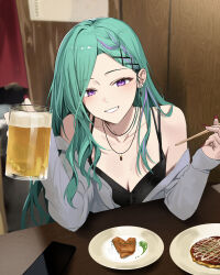 Rule 34 | 1girl, absurdres, alcohol, beer, beer mug, black camisole, breasts, camisole, cellphone, chopsticks, cleavage, commentary, cup, ear piercing, food, green hair, grey jacket, grin, hair ornament, hands up, hievasp, highres, holding, holding chopsticks, holding cup, indoors, jacket, jewelry, large breasts, long hair, long sleeves, looking at viewer, mug, necklace, off shoulder, open clothes, open jacket, phone, piercing, purple eyes, smartphone, smile, solo, symbol-only commentary, table, virtual youtuber, vspo!, wooden table, yakumo beni