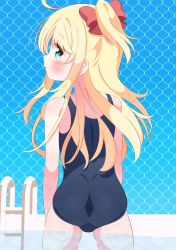 1girl ahoge aqua_eyes ass blonde_hair blue_one-piece_swimsuit blue_school_swimsuit blush bow chain-link_fence fence from_behind hair_bow himesaka_noa ladder loli long_hair looking_at_viewer looking_back one-piece_swimsuit open_mouth ponytail pool r245 red_bow school_swimsuit side_ponytail sky standing swimsuit wading watashi_ni_tenshi_ga_maiorita! water