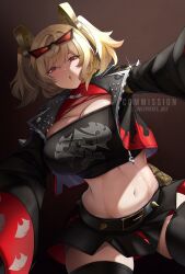 1girl :o absurdres artist_name black_jacket black_thighhighs black_tube_top blonde_hair blush breasts brown_background burnice_white cleavage commentary commission crop_top cropped_jacket english_commentary eyewear_on_head foreshortening gradient_background half-closed_eyes highres inkspirate jacket large_breasts looking_at_viewer navel outstretched_arm parted_lips red-tinted_eyewear red_eyes simple_background skindentation solo strapless thighhighs thighs tinted_eyewear tube_top twintails twitter_username twitter_x_logo watermark zenless_zone_zero