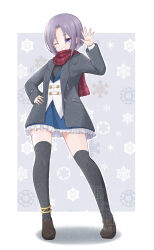 1girl adversarial_noise anklet artist_name assault_lily black_jacket black_shirt black_thighhighs blue_eyes blue_skirt blunt_ends blush bob_cut border brown_shoes buttons commentary_request frilled_skirt frills full_body grey_background grin hand_on_own_hip hand_up herensuge_girls_academy_school_uniform highres inoguchi_minto jacket jewelry kagawa_makina leg_tattoo loafers long_sleeves looking_at_viewer miniskirt one_eye_closed open_clothes open_jacket outside_border parted_bangs parted_lips plaid_clothes plaid_scarf purple_hair red_scarf ring scarf school_uniform shirt shoes short_hair skirt smile snowflake_background solo standing tattoo thighhighs watermark white_border white_jacket winter_clothes zettai_ryouiki