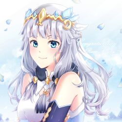 1girl 46tanuki bare_shoulders beatrice_(rune_factory) blue_background blue_eyes blunt_bangs blush closed_mouth commentary congratulations copyright_name detached_sleeves english_commentary grey_hair highres long_hair looking_at_viewer rune_factory rune_factory_5 sidelocks smile solo tiara upper_body