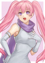 1girl :d asymmetrical_gloves bare_shoulders border breasts commentary_request dress elbow_gloves fire_emblem fire_emblem:_the_blazing_blade gloves hazuki_(nyorosuke) long_hair looking_at_viewer medium_breasts nintendo open_mouth outside_border pink_hair purple_background purple_eyes purple_scarf scarf serra_(fire_emblem) sleeveless sleeveless_dress smile solo upper_body very_long_hair white_border white_dress white_gloves