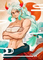 Rule 34 | &gt;:), 1girl, abs, absurdres, alternate costume, alternate hairstyle, artist logo, bandages, braid, breasts, budget sarashi, chest sarashi, cleavage, closed mouth, collarbone, commentary, cowboy shot, crossed arms, curled horns, earrings, english commentary, fingernails, green hair, hair ornament, hair stick, hand on own arm, hands on own arms, highres, hoop earrings, horns, jewelry, large breasts, logo, long braid, long hair, looking at another, looking at viewer, low-tied long hair, multicolored hair, multicolored horns, navel, no shirt, one piece, oni, orange eyes, orange horns, red horns, sarashi, scar, scar on arm, scar on stomach, shuravf, single braid, smile, solo, stomach, toned, v-shaped eyebrows, very long hair, white hair, yamato (one piece)
