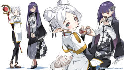 2girls artist_name black_dress black_footwear blush bun_(food) capelet china_dress chinese_clothes closed_mouth clothing_cutout cup double_bun dress earrings eating elf fern_(sousou_no_frieren) food food_on_face frieren full_body green_eyes grey_hair hair_bun holding holding_cup holding_food holding_staff jewelry long_hair long_sleeves looking_at_viewer mage_staff multiple_girls multiple_views parted_bangs patreon_logo patreon_username pelvic_curtain pink_nails pointy_ears print_dress purple_eyes purple_hair shirt shoes short_hair side_slit smile sousou_no_frieren staff standing sydus very_long_hair watermark web_address white_background white_hair
