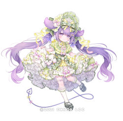 1girl angelic_link animal_ears bandaid bandaid_on_leg blush bonnet character_request closed_mouth dress frilled_dress frilled_socks frills full_body green_dress green_hat grey_shoes hat highres komachi_pochi long_hair looking_at_viewer official_art puffy_short_sleeves puffy_sleeves purple_eyes purple_hair rabbit_ears shoes short_sleeves simple_background skirt_hold smile socks solo standing standing_on_one_leg tail twintails very_long_hair white_background white_socks wrist_cuffs