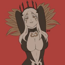 1girl @245 arms_behind_back aversa_(fire_emblem) breasts cleavage facial_tattoo feathers fire_emblem fire_emblem_awakening hood hoodie large_breasts looking_at_viewer navel nintendo red_background solo tattoo white_hair wide_hips