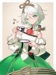 Rule 34 | 1girl, absurdres, braid, cecilia immergreen, cecilia immergreen (1st costume), colored inner hair, cup, detached collar, detached sleeves, doll joints, dress, green dress, green eyes, green hair, grey hair, highres, holding, holding cup, hololive, hololive english, joints, multicolored hair, musical note, non-humanoid robot, ogye 01, one eye closed, robot animal, robot bird, side braid, smile, teacup, twitter username, virtual youtuber, winding key