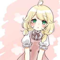 Rule 34 | 1girl, ahoge, black bow, blush, bow, brown dress, dress, green eyes, hair over shoulder, highres, idolmaster, idolmaster cinderella girls, idolmaster cinderella girls starlight stage, long hair, looking at viewer, low twintails, parted lips, pink background, puffy short sleeves, puffy sleeves, rino cnc, shirt, short sleeves, short twintails, sleeveless, sleeveless dress, solo, twintails, two-tone background, upper body, white background, white shirt, yusa kozue