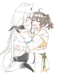 2girls ahoge animal_ears black_shorts blue_eyes blush brown_hair cat_ears chinese_commentary closed_eyes closed_mouth commentary_request highres hololive hood hoodie long_hair long_sleeves multiple_girls natsuiro_matsuri open_mouth shippo03271 shirakami_fubuki shorts side_ponytail simple_background sitting sitting_on_lap sitting_on_person smile virtual_youtuber white_background white_hair white_hoodie yuri