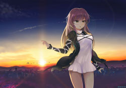 Rule 34 | 1girl, adapted costume, ameyame, backlighting, bad id, bad pixiv id, black coat, blonde hair, blue sky, breasts, censored, city, city lights, cityscape, cloud, coat, contrail, dated, dress, female focus, floating, gradient hair, hand up, highres, hijiri byakuren, hokkai, houjuu nue, juliet sleeves, lens flare, light rays, long hair, long sleeves, looking down, looking to the side, makai (touhou), mountain, multicolored hair, puffy sleeves, purple hair, short dress, silhouette, sky, solo, sun, sunbeam, sunburst, sunlight, sunrise, thighs, touhou, turtleneck, ufo, white dress, yellow eyes