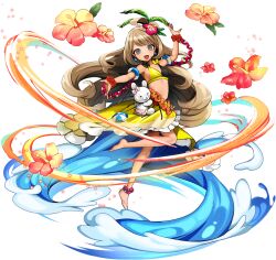 1girl :d armlet barefoot bikini black_bikini bow breasts brown_hair danganronpa:_trigger_happy_havoc danganronpa_(series) ear_bow flower hair_flower hair_ornament hand_up jabberwock_island jewelry long_hair looking_at_viewer official_art open_mouth red_flower skirt small_breasts smile swimsuit usami_(danganronpa) water wrist_flower yellow_bikini yellow_skirt
