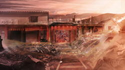 Rule 34 | absurdres, banishment, chimney, cloud, graffiti, grass, highres, lantern, mountainous horizon, orange sky, original, overhead door, paper lantern, plant, railroad tracks, rock, scenery, sky, steam, sunset, tile roof, town, window