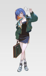 1girl ankle_socks bag black-framed_eyewear black_tank_top blue_hair blue_skirt breasts character_request cleavage collared_jacket colored_inner_hair commentary crossed_legs english_commentary eyelashes full_body gradient_background green_bag green_eyes green_jacket green_sleeves grey_background grey_sandals highres holding holding_bag holding_removed_eyewear jacket knees long_sleeves looking_at_object loose_hair_strand miniskirt multicolored_hair official_art open_clothes open_jacket orange_hair parted_lips pink_lips project_breach round_eyewear sandals short_hair side_slit simple_background single_bare_shoulder skirt socks solo spaghetti_strap tank_top timbougami unworn_eyewear white_socks