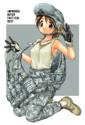 1girl armor armpits bare_shoulders boots camouflage dog_tags ebifly female_focus gloves goggles helmet load_bearing_vest military military_combat_uniform military_fatigues military_uniform original solo tactical_vest tank_top undressing united_states_army vest