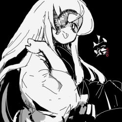 1girl 770mk :p animal_on_face bags_under_eyes closed_mouth commentary_request eye_socket greyscale hand_on_own_shoulder japanese_clothes kimono leech long_hair long_sleeves looking_at_viewer missing_eye monochrome original simple_background smile solo tongue tongue_out upper_body