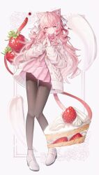 1girl animal_ear_fluff animal_ears black_pantyhose bow bowtie cake cake_slice cardigan cat_ears cat_girl cat_tail dress food fruit full_body hair_ornament hair_ribbon highres long_hair long_sleeves looking_at_viewer off_shoulder open_cardigan open_clothes original own_hands_together pantyhose pink_bow pink_bowtie pink_cardigan pink_dress pink_eyes pink_hair pink_skirt pink_theme ribbon satoh_vrc shoes skirt smile solo strawberry strawberry_shortcake tail vrchat white_cardigan white_shoes