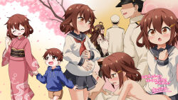 2boys 2girls admiral_(kancolle) brown_hair cherry_blossoms ikazuchi_(kancolle) japanese_clothes kantai_collection kimono kongou_(kancolle) mother_and_son multiple_boys multiple_girls nude pregnant sex