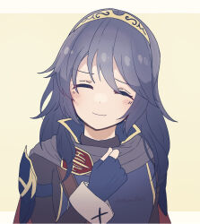 1girl absurdres armor blue_gloves cape closed_eyes closed_mouth facing_viewer fingerless_gloves fire_emblem fire_emblem_awakening gloves highres kyashii_(cathyyy_illust) long_hair long_sleeves lucina_(fire_emblem) nintendo red_cape shoulder_armor simple_background smile solo tiara twitter_username upper_body