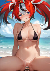 1boy 1girl absurdres animal_ears asymmetrical_hair bar_censor beach bikini bikini_top_only black_bikini blue_eyes blush bottomless breasts censored character_hair_ornament collarbone commentary cum cum_in_pussy cum_overflow hair_ornament hakos_baelz hetero highres hololive hololive_english looking_at_viewer medium_breasts mouse_ears mouse_girl mr._squeaks_(hakos_baelz) multicolored_hair navel ocean otokucha parted_lips penis pussy raised_eyebrows red_hair sex sitting solo_focus stomach streaked_hair swimsuit vaginal virtual_youtuber