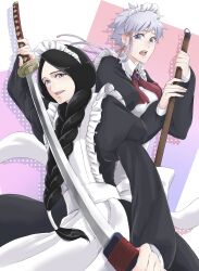 2girls alternate_costume anno_im apron black_dress black_hair bleach blue_eyes braid braided_ponytail broom chest_jewel cowboy_shot dress earrings frilled_apron frills front_braid highres holding holding_broom holding_weapon jewelry katana kotetsu_isane light_smile looking_at_viewer maid maid_apron maid_headdress mature_female multiple_girls neck_ribbon open_mouth parted_bangs polka_dot polka_dot_background puffy_sleeves purple_eyes red_ribbon ribbon sheath short_hair sword two-tone_background unohana_retsu unsheathing weapon white_apron zanpakutou