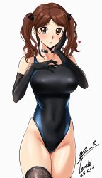 1girl absurdres amagami bikini black_choker black_gloves black_one-piece_swimsuit black_ribbon black_thighhighs blue_one-piece_swimsuit blush breasts brown_eyes brown_hair choker commentary_request competition_swimsuit cowboy_shot dated elbow_gloves gloves hair_ribbon hand_on_own_cheek hand_on_own_chest hand_on_own_face highleg highleg_bikini highleg_one-piece_swimsuit highres large_breasts looking_at_viewer nakata_sae one-piece_swimsuit parted_lips ribbon signature simple_background solo standing swimsuit thighhighs twintails two-tone_one-piece_swimsuit white_background yoo_tenchi