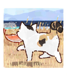 animal_focus blue_sky boat border calico_(pattern) calico_cat commentary day fish_in_mouth from_behind gentlecat highres mountainous_horizon no_humans ocean original outdoors pawpads photo-referenced shadow sky symbol-only_commentary twitter_username walking watercraft wheat_field white_border