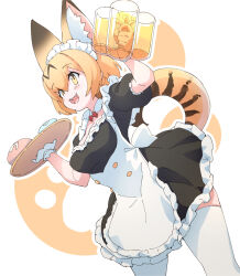 alternate_costume animal_ears apron back_bow beer_stein black_dress blonde_hair blush bow bowtie cat_ears cat_girl cat_tail collar cowboy_shot detached_collar dress drink fangs food frilled_apron frilled_collar frilled_dress frilled_gloves frilled_sleeves frills gloves hair_between_eyes holding holding_drink holding_tray japari_bun japari_symbol kemono_friends lowlandgorilla maid maid_apron maid_day maid_headdress multicolored_hair open_mouth puffy_short_sleeves puffy_sleeves red_bow red_bowtie serval_(kemono_friends) short_hair short_sleeves sidelocks smile tail thighhighs tray white_apron white_bow white_gloves white_thighhighs yellow_eyes zettai_ryouiki