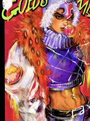 1boy a_io_u abs animal_print argyle_clothes argyle_sweater bandaid bandaid_on_face bandaid_on_nose blowing_bubble_gum blue_sweater character_name cropped_sweater fur-trimmed_headwear fur_trim guido_mista highres jacket jojo_no_kimyou_na_bouken leopard_print male_focus midriff navel navel_piercing open_clothes open_jacket parted_lips piercing red_background solo sweater turtleneck turtleneck_sweater upper_body vento_aureo