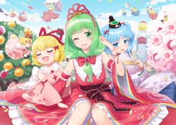 Rule 34 | 6+girls, :d, alice margatroid, alternate costume, armband, beads, black hair, black hat, blonde hair, blue dress, blue eyes, blue hair, blue sky, book, bow, bowl, bowl hat, brown hair, cherry blossoms, closed eyes, cloud, collar, commentary request, cross, cross print, dango, decorations, detached sleeves, doll, dress, fairy, fairy wings, floral print, floral print dress, flying, food, food theft, frilled armband, frilled collar, frilled dress, frills, front ponytail, fruit, gap (touhou), grass, green eyes, green hair, hair beads, hair bow, hair ornament, hair ribbon, hairband, hand up, hat, highres, holding, holding another&#039;s arm, holding book, holding food, holding ladle, holding umbrella, ibuki suika, japanese clothes, jitome, kagiyama hina, kawashiro nitori, kazami yuuka, kimono, knees, ladle, light blush, long hair, medicine melancholy, medium hair, mito tsubaki, multiple girls, murasa minamitsu, on ground, one eye closed, open mouth, orange (fruit), orange tree, outdoors, parasol, pink dress, pink umbrella, print dress, purple hair, red bow, red cross, red dress, red eyes, red hairband, red kimono, red ribbon, red sash, ribbon, ritual baton, sailor hat, sandals, sash, shanghai doll, shirt, short hair, sky, smile, su-san, sukuna shinmyoumaru, tassel, teeth, touhou, umbrella, upper teeth only, wagashi, white collar, white dress, white hat, white shirt, white sleeves, wings, wrist ribbon, yakumo yukari