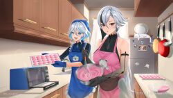 2girls absurdres apron arlecchino_(genshin_impact) baking black_eyes black_hair black_hands black_shirt blue_apron blue_eyes blue_hair bowl breasts cat colored_extremities cooking food furina_(genshin_impact) genshin_impact grey_hair highres holding holding_bowl holding_whisk kitchen light_blue_hair long_hair looking_at_viewer macaron massoukei medium_breasts multiple_girls oven_mitts parted_lips pink_apron shirt symbol-shaped_pupils toaster_oven twitter_username upper_body wavy_hair whisk x-shaped_pupils