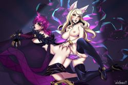 2girls ahri_(league_of_legends) animal_ears ass_grab bent_over blonde_hair blush breasts breasts_out choker claws crossed_arms dildo double_dildo ear_piercing elbow_gloves evelynn_(league_of_legends) facial_mark fox_ears fox_girl fur_trim gloves high_heels k/da_(league_of_legends) k/da_ahri k/da_evelynn kneeling large_breasts league_of_legends lips lipstick looking_at_viewer looking_away makeup microphone multiple_girls navel nipples nose nude piercing pink_hair pumps purple_lips pussy pussy_juice sex_toy signature skirt skirt_down thighhighs uncensored vaginal velvetqueenh whisker_markings wristband yellow_eyes yuri